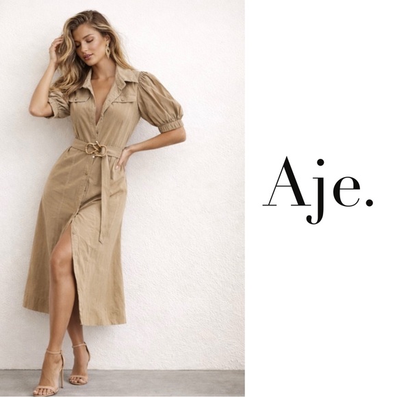 Aje Dresses & Skirts - NEW Aje Tan Puff Sleeve Woodland Utility Midi Dress